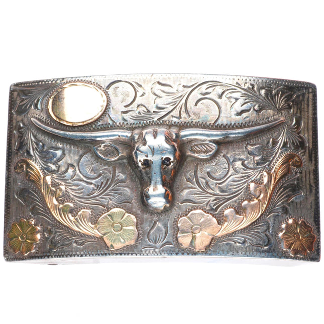 1.5" Vintage 18k gold/Sterling silver bull head engraved Mexican belt buckle