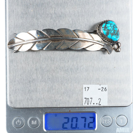 Vintage Navajo sterling silver feather form hair barrette/clip with turquoise