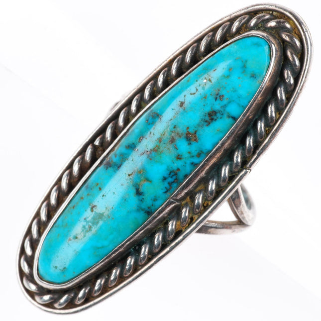 sz8 vintage Navajo sterling silver rope bezel ring with nice turquoise