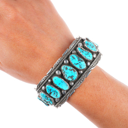 7.25" Joe Tom Navajo vintage sterling silver wide turquoise row cuff bracelet