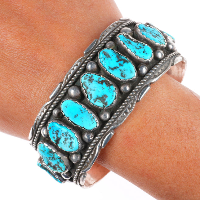 7.25" Joe Tom Navajo vintage sterling silver wide turquoise row cuff bracelet