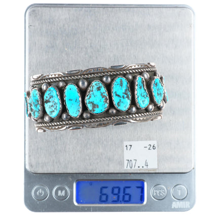 7.25" Joe Tom Navajo vintage sterling silver wide turquoise row cuff bracelet