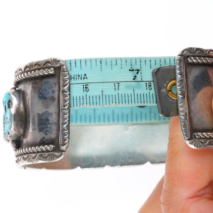 7.25" Joe Tom Navajo vintage sterling silver wide turquoise row cuff bracelet