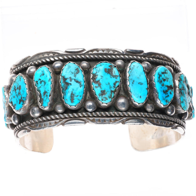 7.25" Joe Tom Navajo vintage sterling silver wide turquoise row cuff bracelet