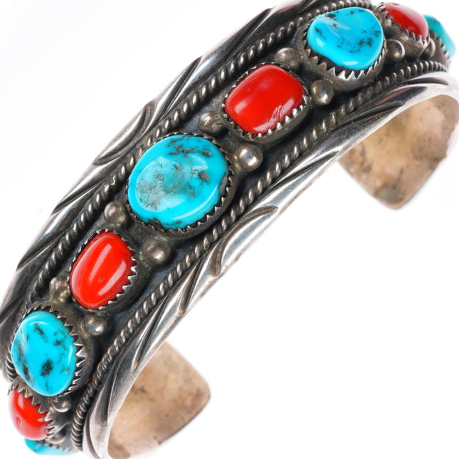 6.5" R Wylie Navajo vintage sterling silver turquoise/coral row cuff bracelet