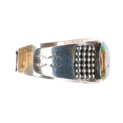 7.6" Heavy vintage southwestern sterling silver green turquoise cuff bracelet