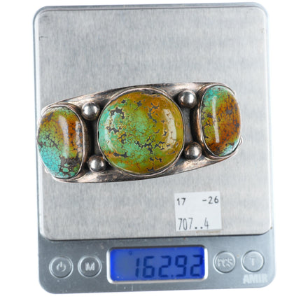 7.6" Heavy vintage southwestern sterling silver green turquoise cuff bracelet