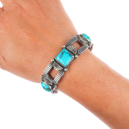 6.5" 30's-40's vintage Navajo sterling silver chiseled cuff bracelet w/turquoise