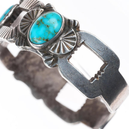 6.5" 30's-40's vintage Navajo sterling silver chiseled cuff bracelet w/turquoise