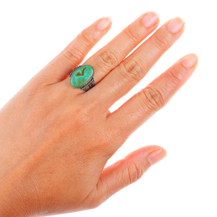 sz7 c1940 vintage Navajo sterling silver greasy green Cerrillos turquoise ring