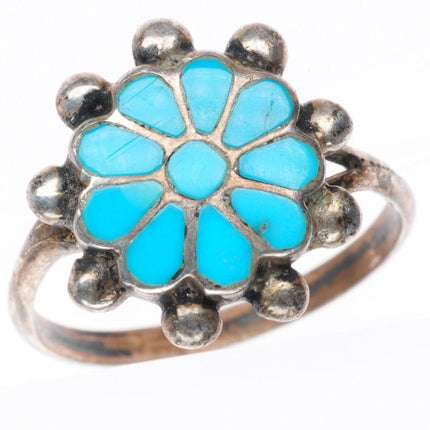 sz7.75 vintage Zuni sterling silver Dishta style inlay turquoise flower ring