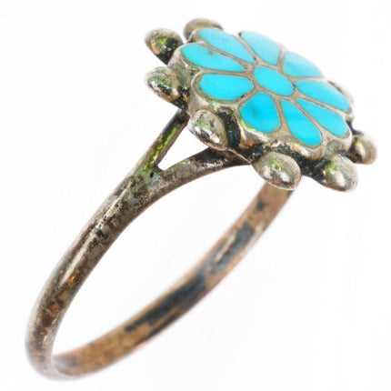 sz7.75 vintage Zuni sterling silver Dishta style inlay turquoise flower ring