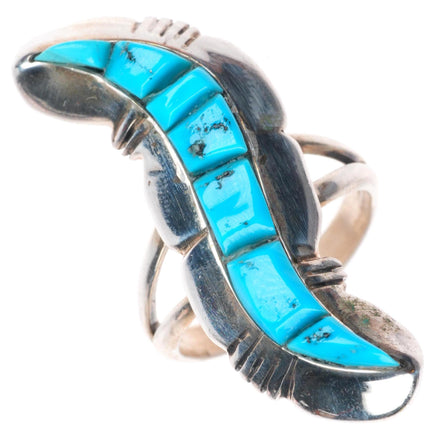sz7 vintage Navajo sterling silver turquoise cobblestone inlay ring Running Bear