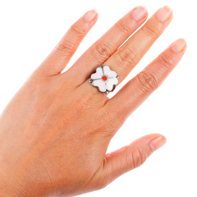 sz7.25 vintage Zuni sterling silver dogwood shell/coral inlay ring