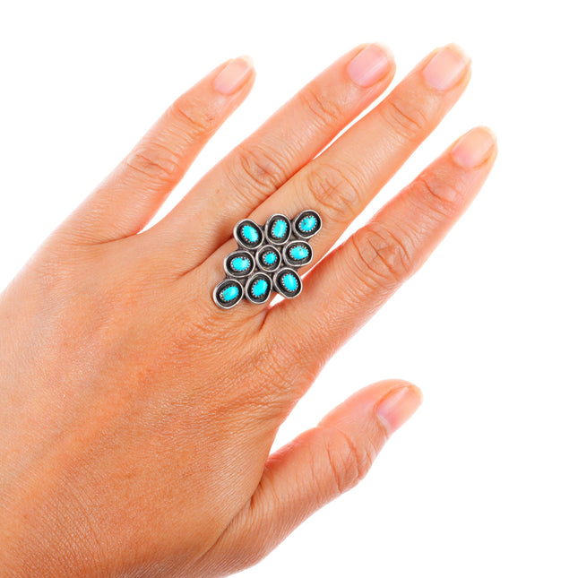 sz6 vintage Zuni sterling silver 9 stone shadowbox turquoise ring