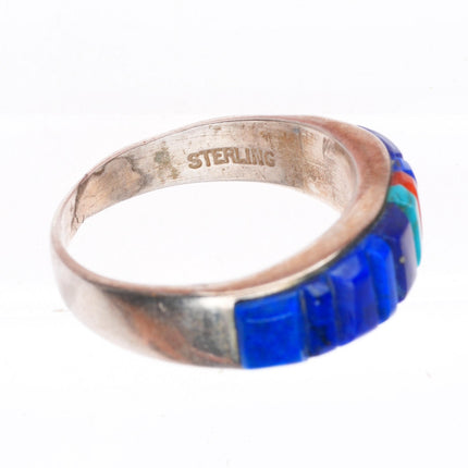 sz8 Veronica Benally Navajo sterling silver Lapis-turquoise-coral corn row ring