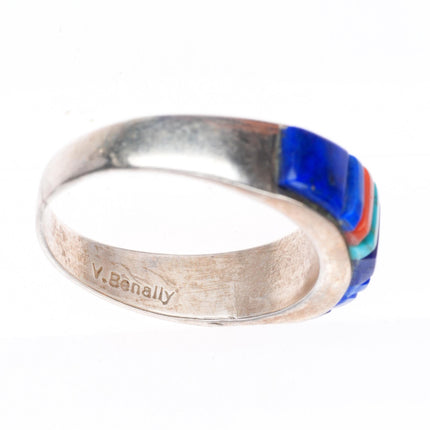sz8 Veronica Benally Navajo sterling silver Lapis-turquoise-coral corn row ring