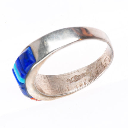 sz8.5 Veronica Benally Navajo sterling silver Lapis-turquoise-coral inlay ring
