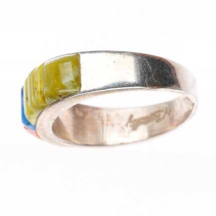 sz7 Veronica Benally Navajo sterling silver Serpentine, Denim Lapis, coral ring