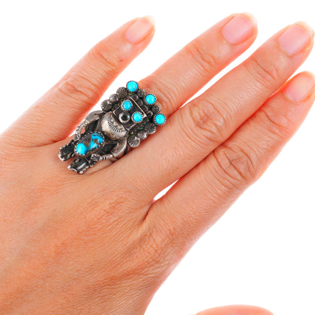 sz6 Jerry Roan Navajo sterling silver Kachina ring with nice turquoise