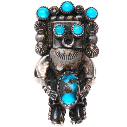 sz6 Jerry Roan Navajo sterling silver Kachina ring with nice turquoise