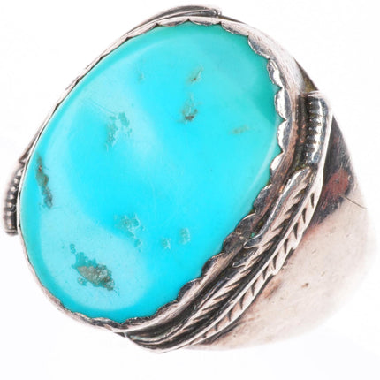sz11 vintage Navajo sterling silver turquoise ring with feather on side