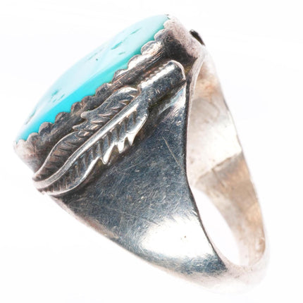 sz11 vintage Navajo sterling silver turquoise ring with feather on side
