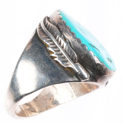 sz11 vintage Navajo sterling silver turquoise ring with feather on side