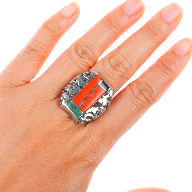 sz9 Larry Castillo Navajo sterling silver turquoise/coral inlay ring