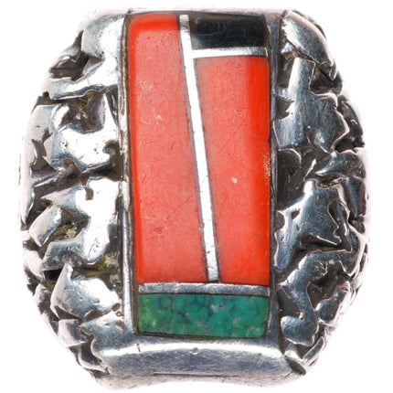 sz9 Larry Castillo Navajo sterling silver turquoise/coral inlay ring