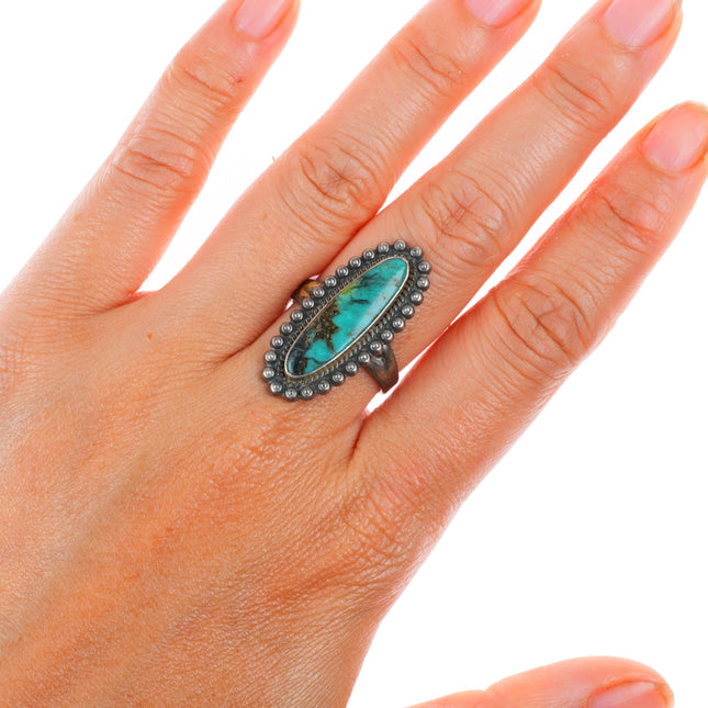 sz8 40's-5's vintage Navajo sterling silver long ring with nice turquoise