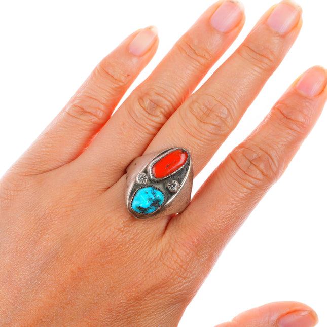 sz10.75 vintage Navajo sterling silver turquoise and coral size 10.75 men's ring