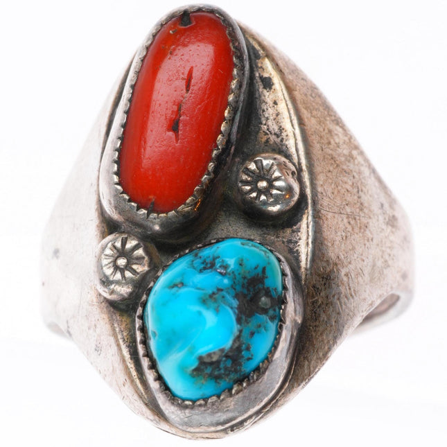 sz10.75 vintage Navajo sterling silver turquoise and coral size 10.75 men's ring