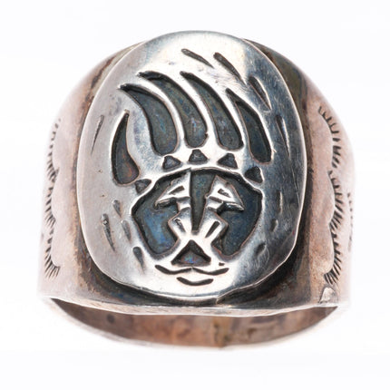 sz11 vintage Navajo sterling silver bear paw overlay men's ring