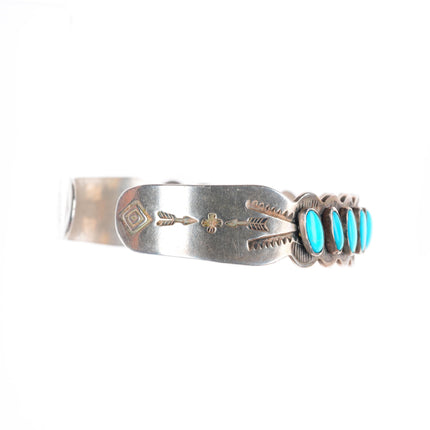 6.4" c1950 Vintage Fred Harvey era sterling silver turquoise row cuff bracelet