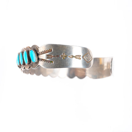 6.4" c1950 Vintage Fred Harvey era sterling silver turquoise row cuff bracelet