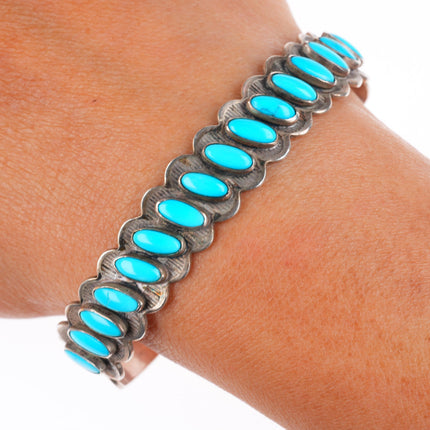6.4" c1950 Vintage Fred Harvey era sterling silver turquoise row cuff bracelet