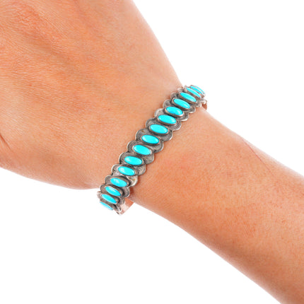6.4" c1950 Vintage Fred Harvey era sterling silver turquoise row cuff bracelet