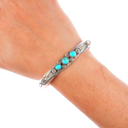 6.5" 20's-30's Historic Navajo ingot silver deep stamped turquoise cuff bracelet