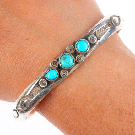 6.5" 20's-30's Historic Navajo ingot silver deep stamped turquoise cuff bracelet
