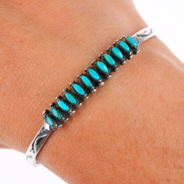 6" vintage Lonjose Zuni sterling silver turquoise needlepoint row cuff bracelet