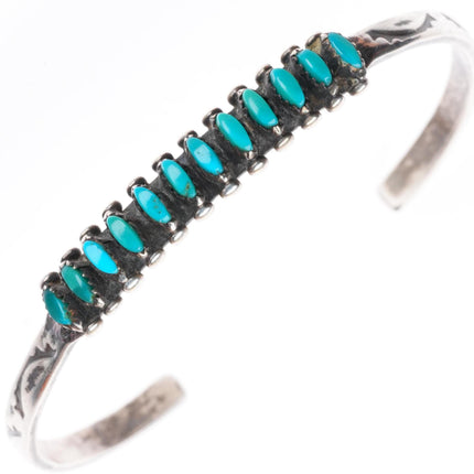 6" vintage Lonjose Zuni sterling silver turquoise needlepoint row cuff bracelet