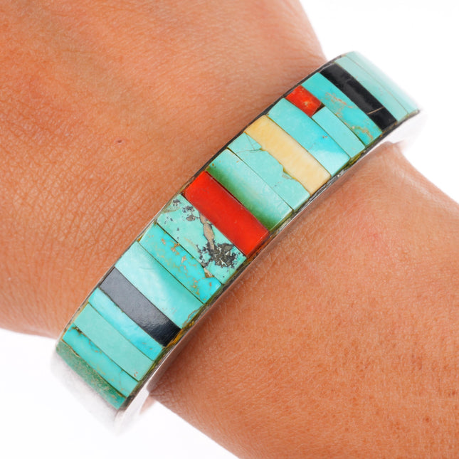 6" Vintage Native American sterling silver, turquoise, coral inlay cuff bracelet