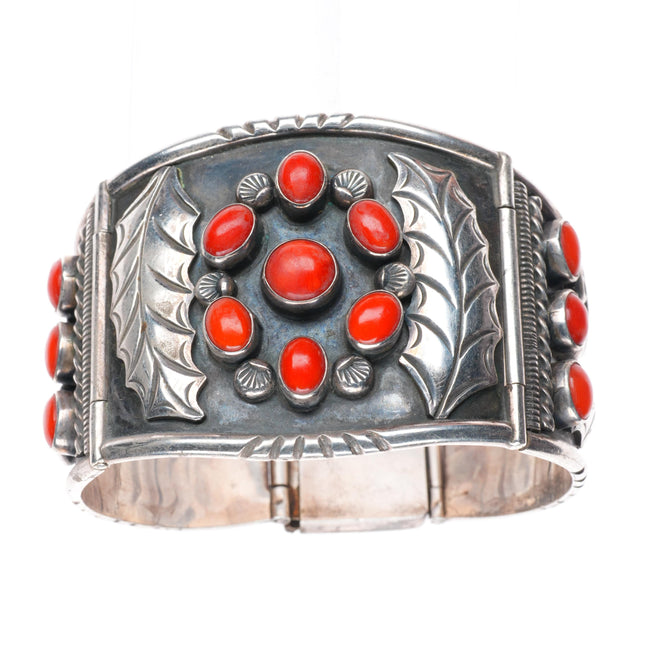 7" Vintage Navajo sterling silver coral cluster flexible link bangle bracelet