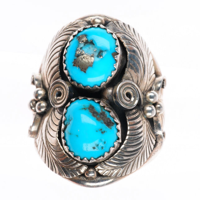 sz9 big vintage Navajo sterling silver turquoise feather decorated ring