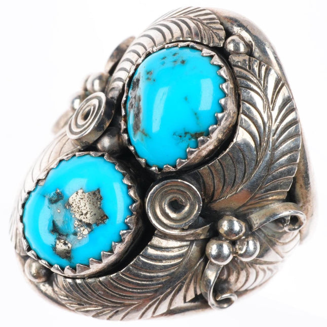 sz9 big vintage Navajo sterling silver turquoise feather decorated ring