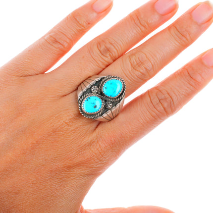 sz11 vintage Navajo sterling silver 2 stone turquoise size 11 men's ring