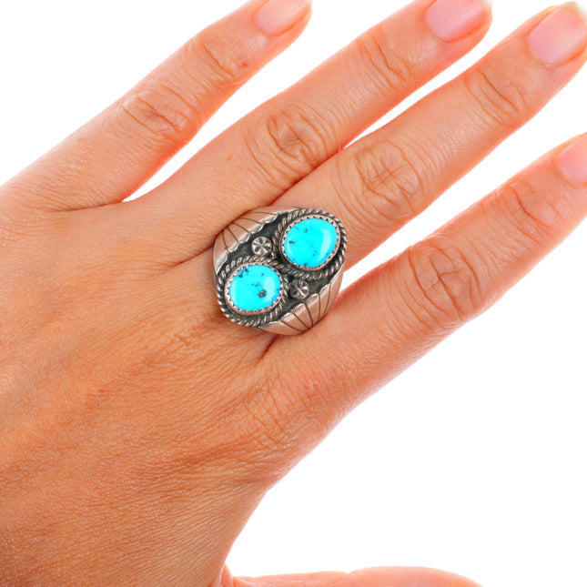 sz11 vintage Navajo sterling silver 2 stone turquoise size 11 men's ring