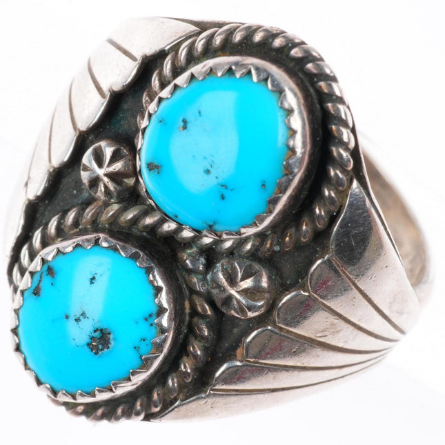 sz11 vintage Navajo sterling silver 2 stone turquoise size 11 men's ring