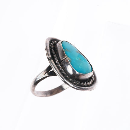 sz8 vintage Navajo sterling silver rope bezel ring with nice turquoise